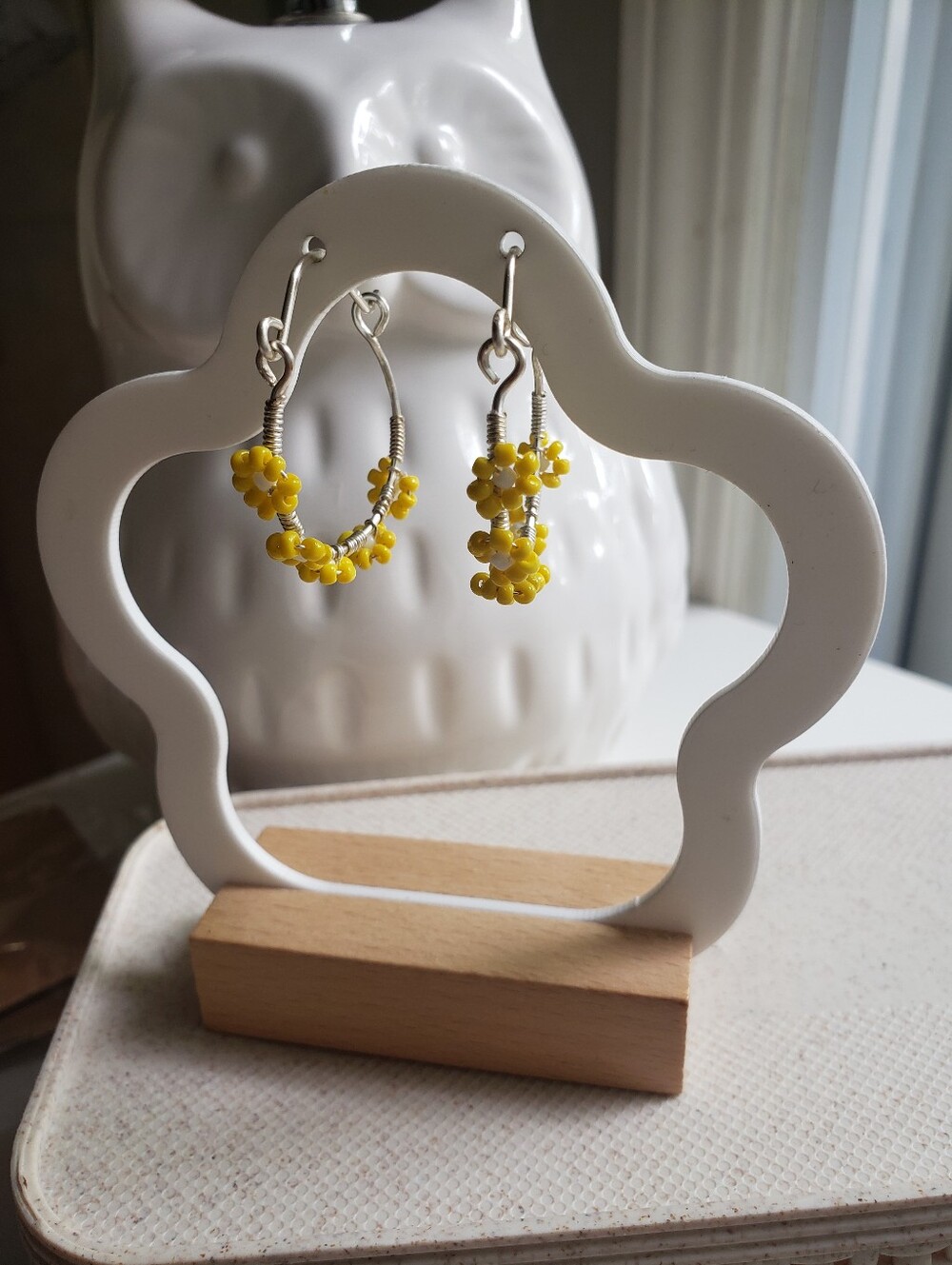 New Handmade Yellow Beaded Daisey Flower Hoop Earrings